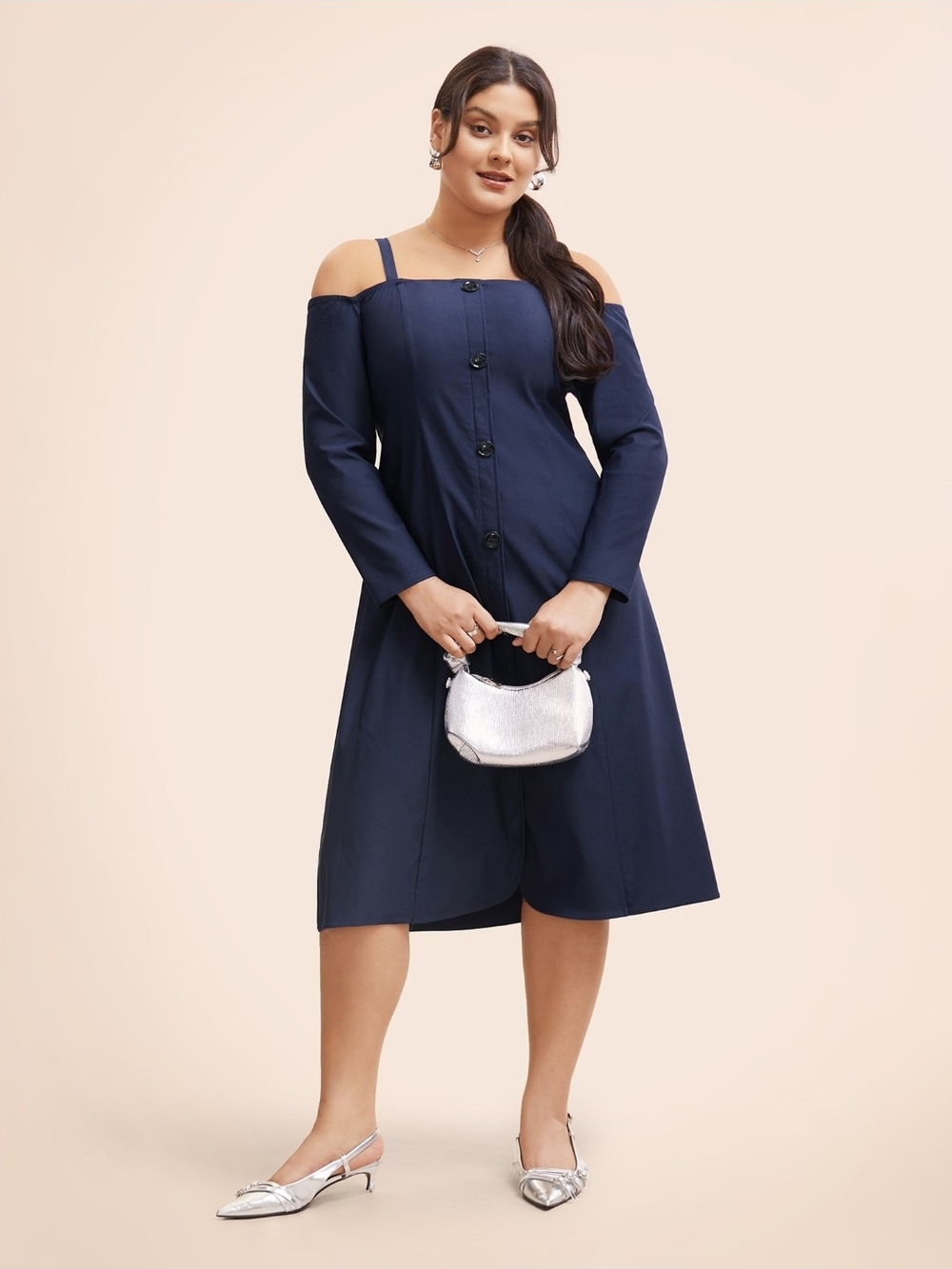 BloomChic Navy One-Shoulder Button-Front Midi Dress - Picture 2 of 3